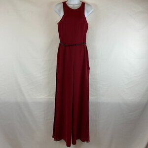 Halston Heritage Jumpsuit 2 Red Sleeveless Belted Wide Leg
